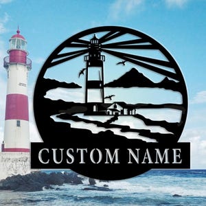 Personalized Lighthouse Metal Wall Art, Custom Lighthouse Metal Wall Sign, Lighthouse Name Sign, Beach House Sign, Lake Decor, 8-24 Inch