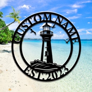 Personalized Lighthouse Metal Wall Art, Custom Lighthouse Metal Wall Sign, Lighthouse Name Sign, Beach House Sign, Lake Decor, 8-24 Inch