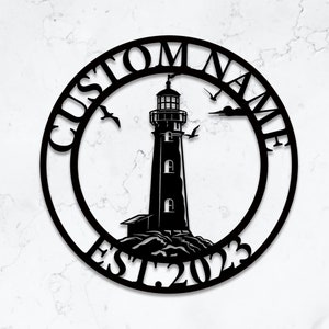 Custom Lighthouse Metal Wall Sign, Personalized Lighthouse Metal Wall Art, Lighthouse Name Sign, Beach House Sign, Lake Decor, 8-24 Inch