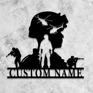 Personalized Army Soldiers Silhouette Name Metal Sign, US Army Gift, Military Metal Wall Decor, Father&#39;s Day Gift, 8-24 Inch