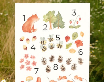 Woodland Nursery | Wall Art | A4 | Baby Gift | Woodland Animals | Numbers Poster | Forest Wall Art | Educational Print | Kids Room Decor