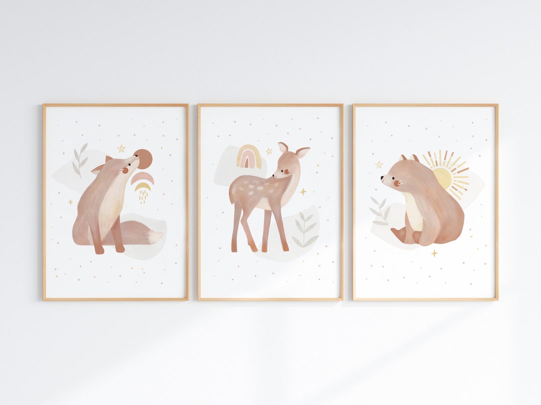 Woodland Animals Nursery Prints Set | Boho Bear, Fox, Deer Wall Art - Etsy