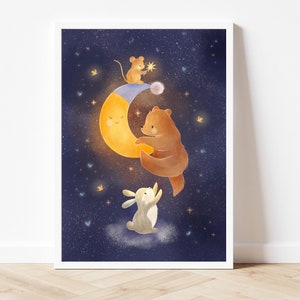Moon Nursery Print | Bear, Bunny & Mouse Illustration, Good Night Art