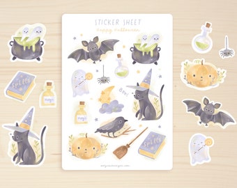 Halloween Sticker Sheet | Hand-Drawn Cat, Ghost, Bat