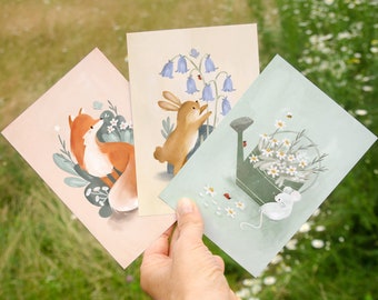 Spring Postcards | Set of 3 | A6 | Woodland Animals | Fox | Bunny | Mouse | Mini Prints | Wall Decor | Spring Greetings
