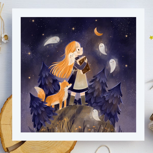 Starry Night Art Print | Nursery Wall Art | Square Format | Kids Room Decor | Woodland Print | Spooky | Girl Fox Wall Art