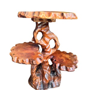 Antique Solid Carved Wood Tiered Tables Plant Stand Curio Display Sculptural Tree Trunk Side End Accent Table Sculpture Asian Bonsai