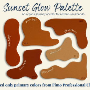 Könnte beinhalten: Eine Palette mit sechs Tonfarbenmustern in Orange-, Braun- und Beigetönen, beschriftet mit Namen wie "Solar Orange" und "Desert Bronze". Der Text "Sunset Glow Palette" und "An organic journey of color for adventurous hands" ist oben zu sehen.