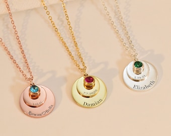 Name Disc Birthstone Necklace, Birthstone Necklace with Name, Personalised Jewellery, Engraved Necklace, Bridesmaid Necklace, Gift for Her