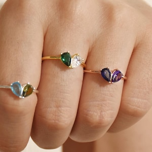 Custom Heart Birthstone Ring, 2 Birthstone Ring, Dainty Birthstone Ring, Personalised Birthday Gift for Her, Stackable Ring, Bridesmaid Gift