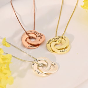 Custom Russian Ring Necklace, Silver Name Necklace, Family Necklace, Interlocking Circle Necklace, Engraved Name Necklace, Gift for Mom