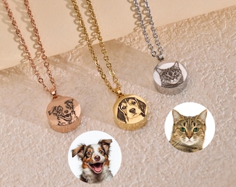 May include: Three silver, gold, and rose gold necklaces with round pendants featuring engraved images of dogs and cats. The pendants are on a white background.