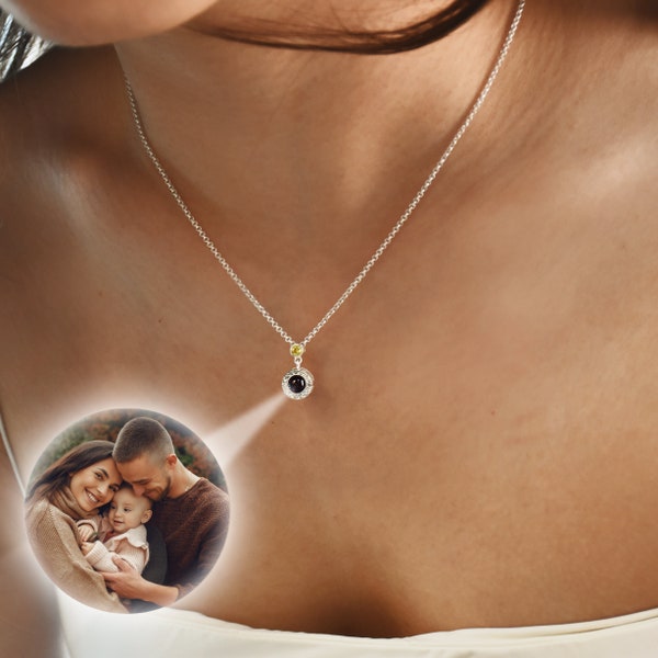 Personalized Photo Necklace with Birthstone, Customized Memorial Photo Pendant, Photo Projection Necklace, Birthday Gifts, Christmas Gift