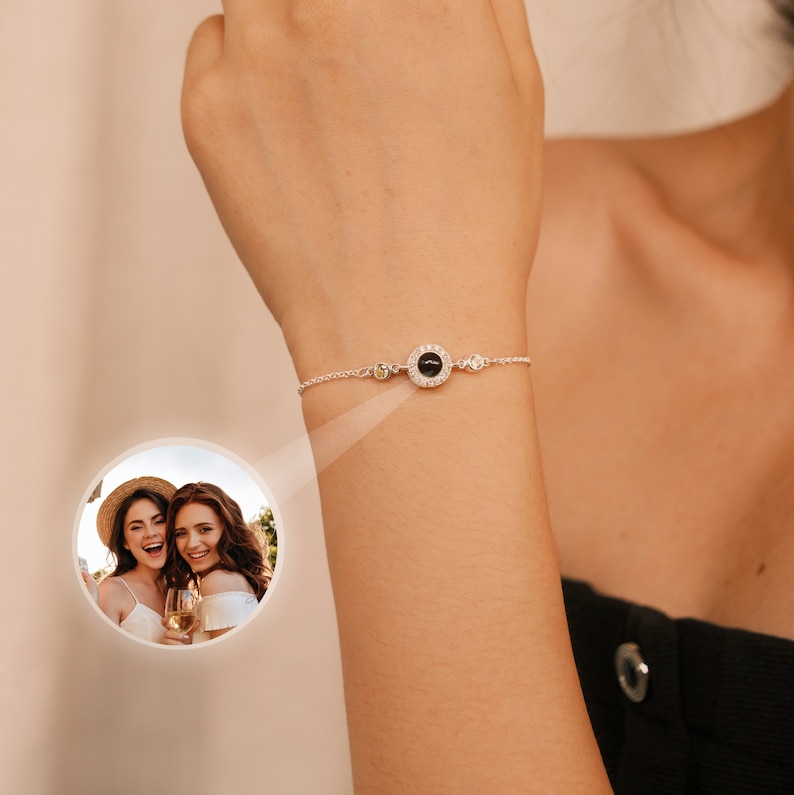 Custom Photo Projection Bracelet with Birthstone, Photo Memorial Bracelet, Bubble Bracelet, Picture Inside Bracelet, Best Friend Gift image 1