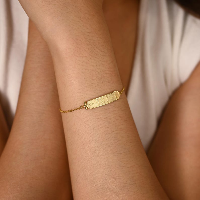 18k Gold ägyptische Kartusche Halskette, kundenspezifische ägyptische Hieroglyphische Namenshalskette, Ägypten Benutzerdefinierter Namensschmuck, personalisierte Geschenke für Sie Bild 11