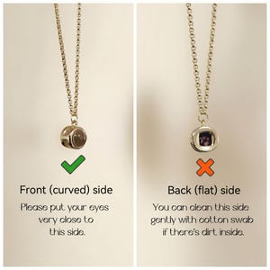 Peut inclure: Un collier argent&eacute; avec un pendentif circulaire. L'avant du pendentif est incurv&eacute; et contient une pierre de couleur claire. L'arri&egrave;re du pendentif est plat. Le texte sur l'image indique "Front (curved) side" et "Back (flat) side".