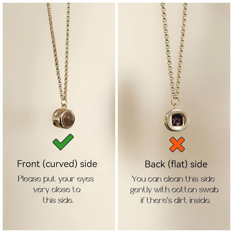 Peut inclure: Un collier argent&eacute; avec un pendentif circulaire. L'avant du pendentif est incurv&eacute; et contient une pierre de couleur claire. L'arri&egrave;re du pendentif est plat. Le texte sur l'image indique "Front (curved) side" et "Back (flat) side".