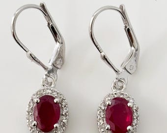 Oval Ruby Leverback Earrings, 925 Sterling Silver, CZ Halo Drop Earrings