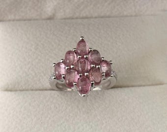 Natural Pink Tourmaline Floral Ring, Handmade Sterling Silver Cluster Statement Ring