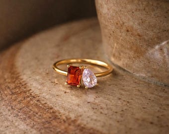 Custom Toi et Moi Gemstone Ring, Emerald And Pear Cut Ring, Baguette Birthstone Ring, Anniversary Gift, Graduation Gift, Wedding Gift