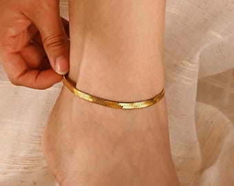 18K Gold Herringbone Anklet, Snake Chain Anklet, 4 mm Herringbone Anklet, Rope Chain Anklet,Christmas Gift Anklet,Birthday Gift,Gift for Her