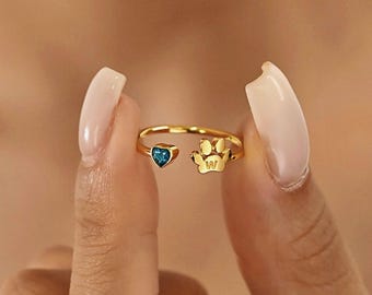 Custom Engraved Paw Birthstone Ring, Silver Custom Paw Print Ring, Animal Letter Charm Ring, Christmas Gift, Pet Remembrance, Gift for Her