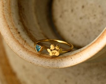 Custom Engraved Paw Birthstone Ring, Silver Custom Paw Print Ring, Animal Letter Charm Ring, Christmas Gift, Pet Remembrance, Gift for Her