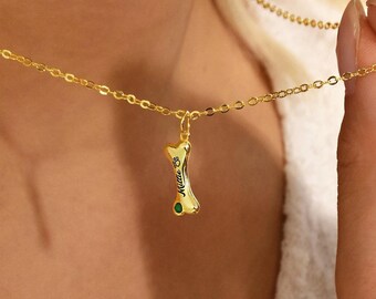Collar de hueso de perro personalizado con piedra de nacimiento, collar dorado con nombre de perro, collar de perro personalizado, regalo conmemorativo para perro, regalo para amantes de los perros, regalo para ella