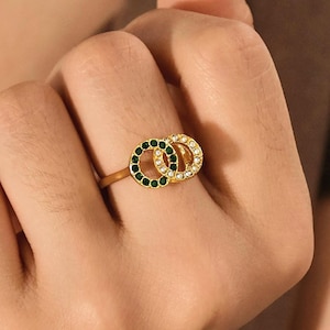14K Gold Interlocking Circles Ring, Dainty Eternity Two Circle Ring, Birthstone Ring, Eternity Friendship, Stacking Ring, Gift for Her