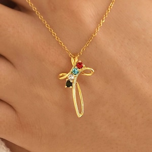 Birthstones Necklace, Religious Cross Necklace, Cross Jewelry, Baptism Gift, Family Cross Necklace, Confirmation Gift, Gift for Her