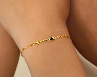 Cross Bracelet, Tiny Gold Cross Bracelet with Birthstone, Minimalist Cross Jewellery, Personalized Gift,  Christian Bracelet, Gift For Her