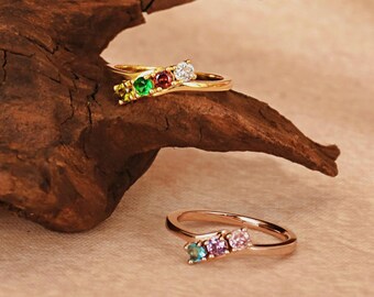 Personalized Family Birthstone Ring: 14K Gold Stacking Ring, Birthstones Ring
