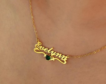14K Gold Name Necklace with Birthstone, Custom Name Necklace, Christmas Gifts, Nameplate with Birthstone, Gift for Her, Gifts for Mom