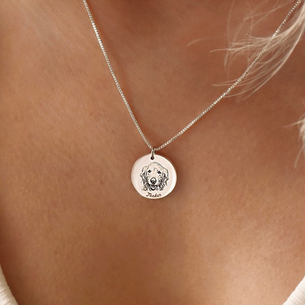 14K Custom Pet Portrait Name Necklace, Dog Photo Necklace, Engraved Cat Picture Necklace,Pet Loss Memorial,Gift For Pet Lover, Mother's Gift