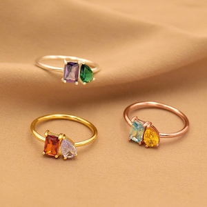 Custom Toi et Moi Gemstone Ring, Emerald And Pear Cut Ring, Baguette Birthstone Ring, Anniversary Gift, Mothers Ring, Best Friend Gift