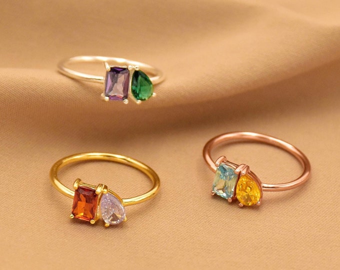 Custom Toi et Moi Gemstone Ring, Emerald And Pear Cut Ring, Baguette Birthstone Ring, Anniversary Gift, Mothers Ring, Best Friend Gift
