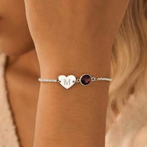 Pulsera con dijes de corazón personalizados, pulsera con piedra de nacimiento inicial del corazón, pulsera con corazón grabado, pulsera con letras, pulsera de pareja, regalo de Navidad