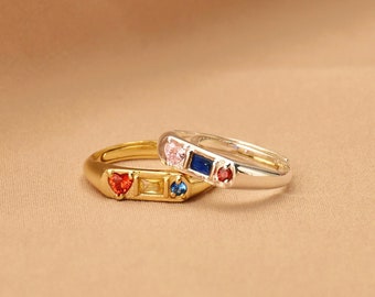 Benutzerdefinierte Edelstein Siegelring, Baguette Birthstone Ring, Statement Ring mit Herz, Jahrestag Geschenk, Mutterring, Bester Freund Geschenk