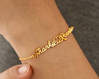 Bracciale con doppio nome, braccialetto con due nomi e cuore, braccialetto con nome per bambini, braccialetto con nome per donna, regalo di compleanno, braccialetto di coppia, regalo per lei