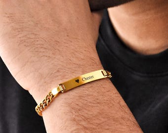 Pulsera personalizada para hombre, pulsera grabada para hombre, pulsera de cadena tipo curb de acero inoxidable, regalo para el Día del Padre, regalo para papá, padre o novio.