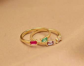 Duo Baguette Birthstone Ring, Double Birthstone Ring, Dainty Birthstone Ring, 14K Gold Mothers Stackable Ring,Mothers Ring,Best Friend Gift