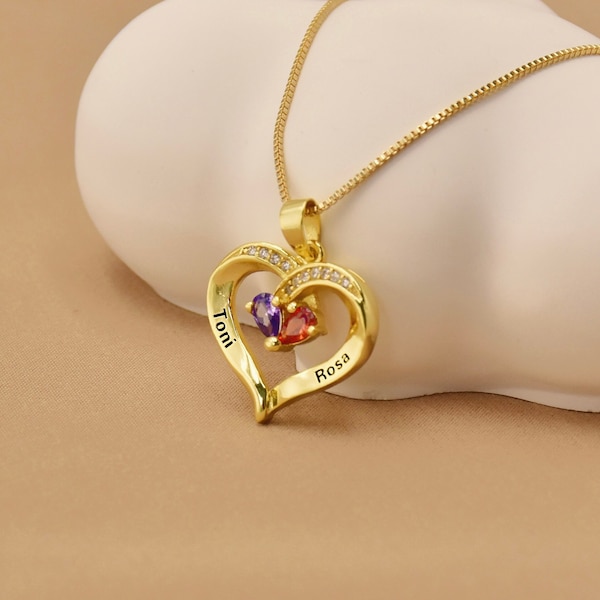 Collier prénom double, collier prénom personnalisé en forme de coeur avec pierres de naissance, 2 colliers prénoms personnalisés, collier de pierres de naissance, cadeau pour elle