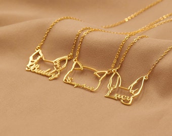 Custom Pet Ears Outline Necklace, Custom Dog Necklace, Pet Necklace with Name, Pet Jewelry, Gift for Pet Lover, Mother's Day Gift, Pet Loss