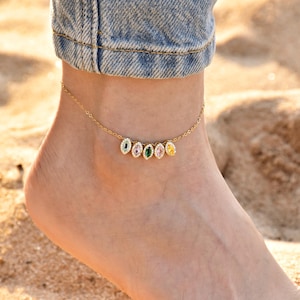 Personalized Birthstone Anklet, Mom Anklet with Children&#39;s Birthstones, Gift for Her, Valentines Day Gift, Custom Anklet Jewelry, Wife Gifts