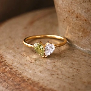 Custom Heart Birthstone Ring, Pear Cut 2 Birthstone Ring, Custom Stacking Ring, Christmas Gifts, Gift for Mom/Mother, Mother's Day Gift
