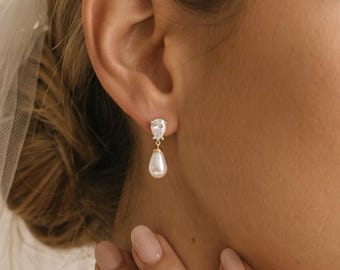 Pendientes de perlas naturales de agua dulce y diamantes, pendientes de novia de plata de ley 925, pendientes de boda en forma de lágrima con circonitas cúbicas, elegantes perlas colgantes, regalo para damas de honor