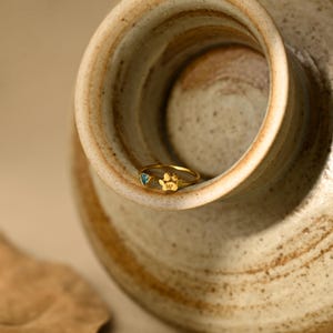 May include: A gold-toned ring featuring a small blue heart-shaped stone and a paw print charm with the letter W engraved in the center. The ring has a thin, circular band and is positioned inside the opening of a textured, light-colored ceramic vessel.