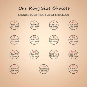 May include: A ring size conversion chart with the text Our Ring Size Choices and CHOOSE YOUR RING SIZE AT CHECKOUT. It displays sixteen circles, each containing a US size, a UK size, and a corresponding diameter measurement in millimeters.