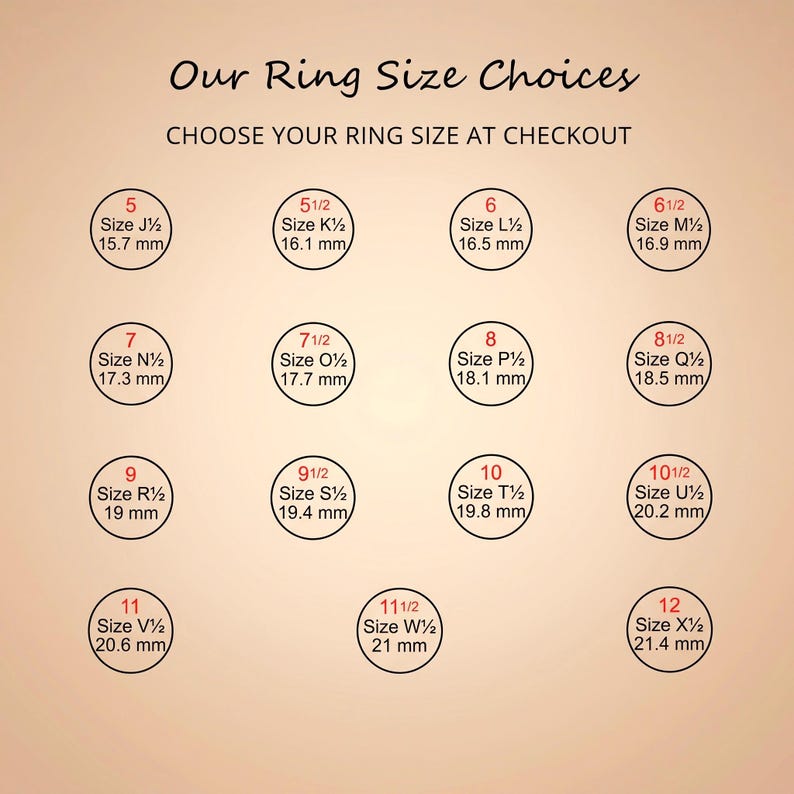 May include: A ring size conversion chart with the text Our Ring Size Choices and CHOOSE YOUR RING SIZE AT CHECKOUT. It displays sixteen circles, each containing a US size, a UK size, and a corresponding diameter measurement in millimeters.