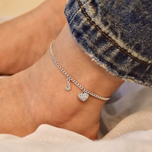 Tornozeleira com inicial brilhante personalizada, tornozeleira com coração inicial brilhante, pulseira com nome de letra da família, presente para ela, corrente ajustável no tornozelo